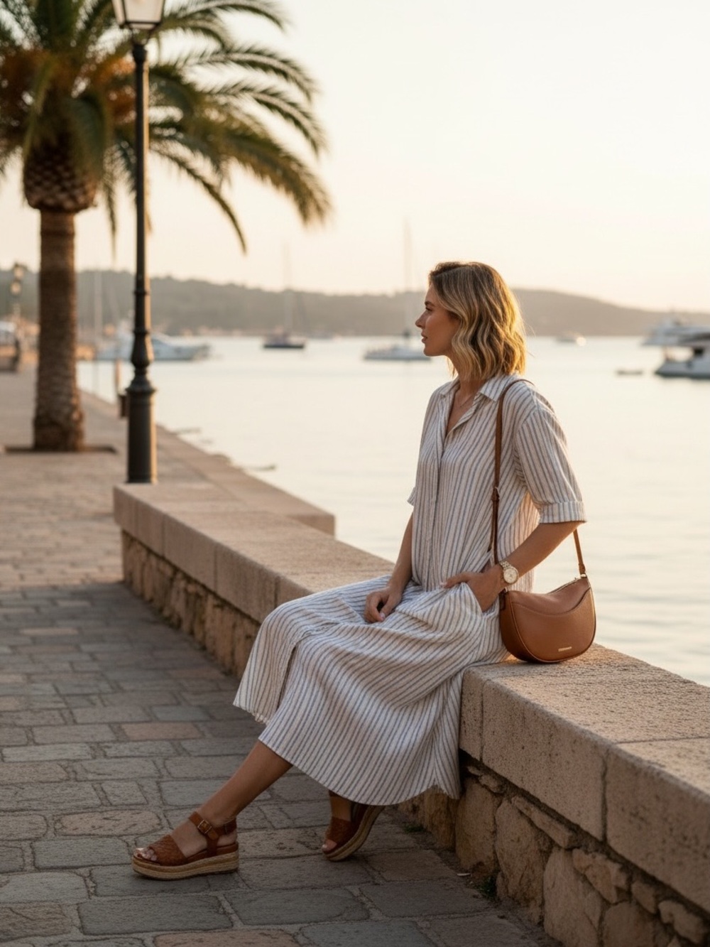 Universal Thread Striped Shirt Midi Dress in Cream and Tan - Picture 2 of 9